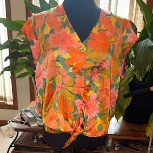 DR2 Orange Tie Front Notched Collar Blouse